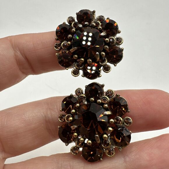 Vintage Hollycraft Earrings Gold Tone Pastel Rhinestone - Picture 2 of 6